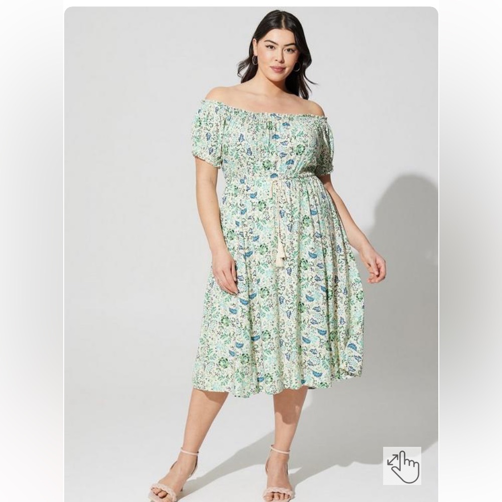 Torrid Midi Challis Off The Shoulder Dress -Floral Green